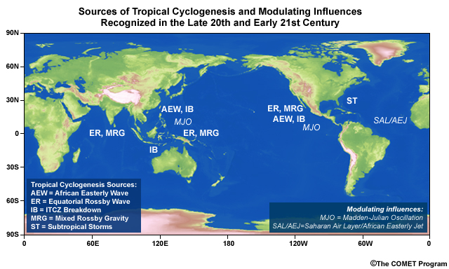 Map of recognized sources of tropical cyclogenesis