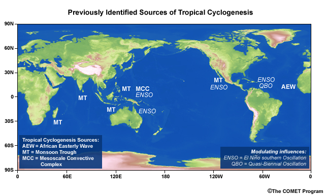 Map of recognized sources of tropical cyclogenesis