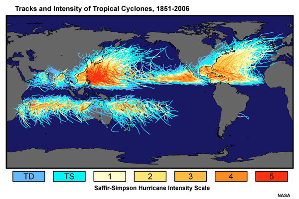 Global Distribution of TC tracks 1851-2006