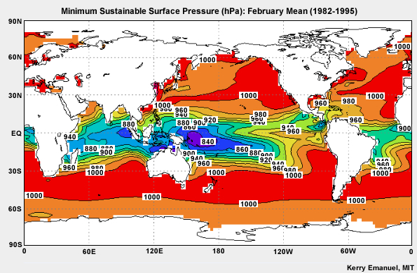 Map of the climatological distribution of potential intensity in February.