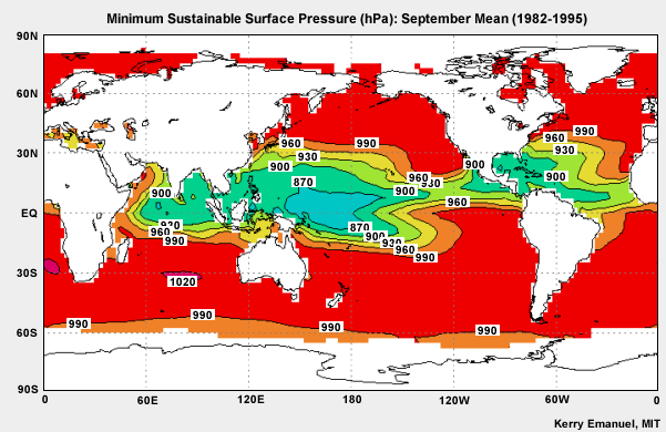 Map of the climatological distribution of potential intensity in September.