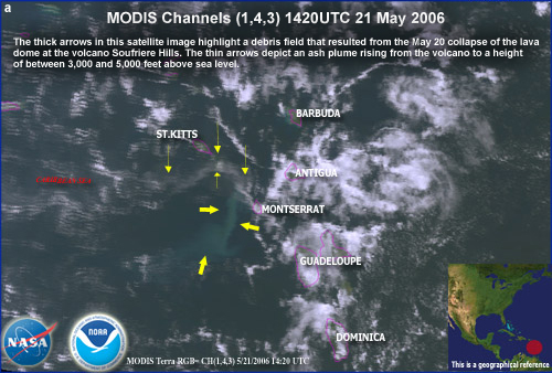 Explosive eruption of Soufriere Hills Volcano, Montserrat (Caribbean) observed by MODIS, 1420 UTC 21 May 2006