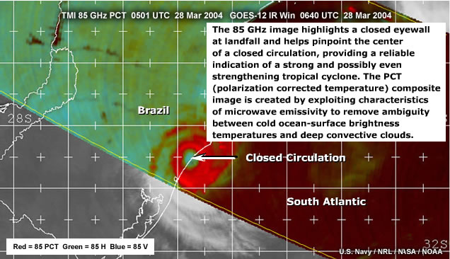 85GHz microwave image of Tropical Cyclone Catarina taken by the TMI at 0501 UTC 28 Mar 2004.