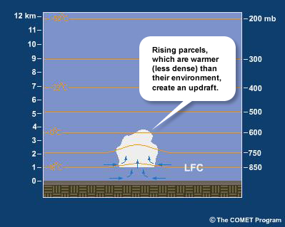 schematic of rising air parcel and updraft in cumulus beyond the LFC