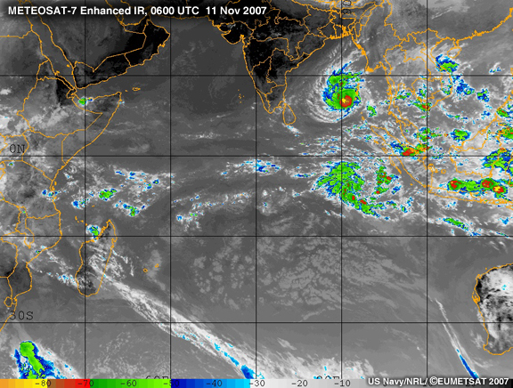 Enhanced IR image at 0600 UTC 11 Nov 2007 of NH and SH twin tropical cyclones, indicative of equatorial Rossby wave genesis