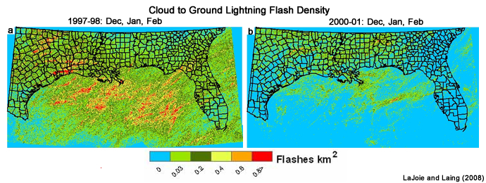 DJF lightning flash density (km2) for (a) 1997–98 El Niño and (b) 2000–2001 La Niña. Adapted from LaJoie and Laing (2008)