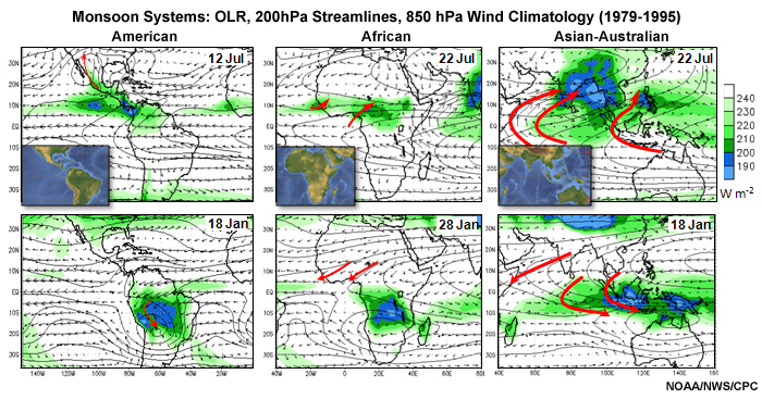 Mean OLR, 200hPa streamlines, and 850 hPa wind vectors