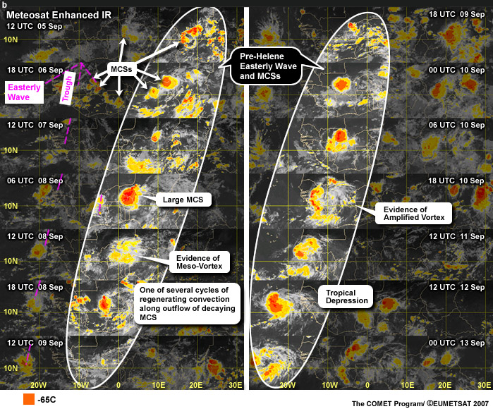 Schematic of an African easterly wave illustrating: (i) the “inverted V” structure (relative to the equator); (ii) surface isobars (dark dash); (iii) 700hPa streamlines (red); (iv) regions of surface convergence and divergence; and (v) eastward tilt of the wave with height (white lines with upper trough axis to east).