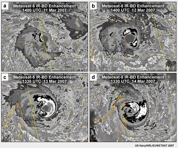 IR-BD enhanced images of Tropical Cyclone Indlala (2001) with central pressure of (a) 994 hPa, (b) 984 hPa, (c) 967 hPa, and (d) 927 hPa.