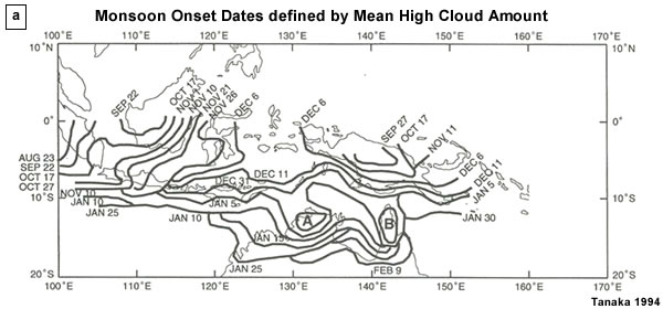 Monsoon onset dates defined by the threshold value of more than 30% of the mean high cloud amount for the monsoon season. Regions A and B had onset prior to 15 December and 26 December, respectively.