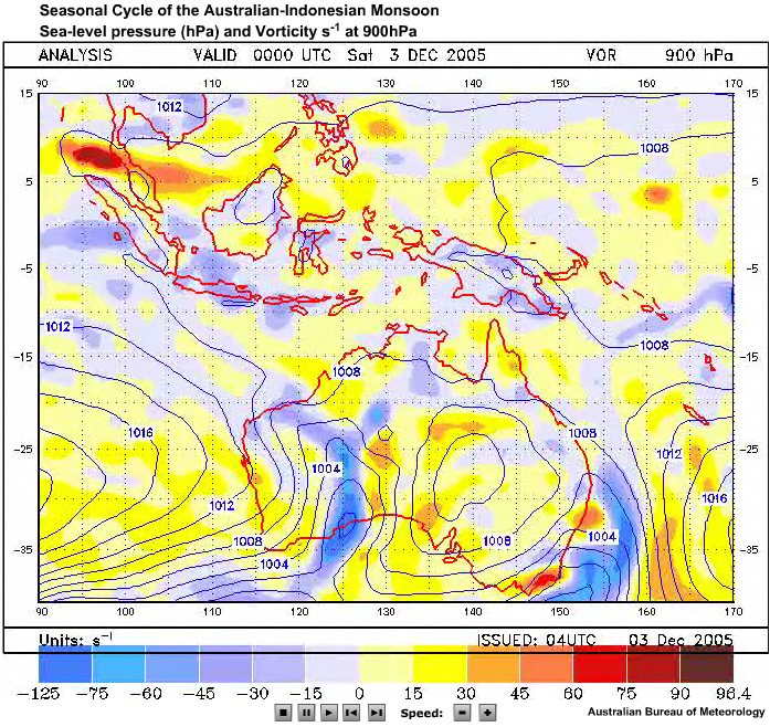 Animation of the seasonal cycle of the Australian-Indonesian monsoon (sea-level pressure and vorticity at 900hPa) from the Australian BOM TXLAPS system.