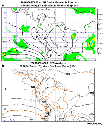 Ensemble mean and spread of 850 hPa temperature, analysis of 850 hPa temperature and mean sealevel pressure