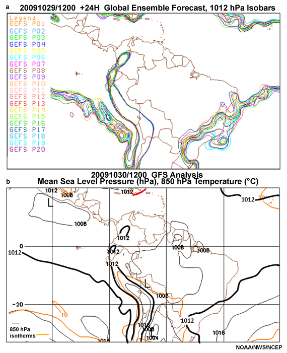 a) Spaghetti plot of the 24 h GEFS forecasts for the 1012 hPa isobar and (b) the analysis of mean sea level pressure, 10 m winds, and 2 m temperature.