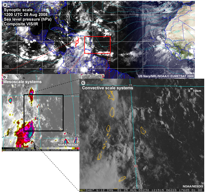 visible and IR image, enhanced satellite IR showing mesoscale convective systems, 1-km visible image showing convective scale systems at 1215 UTC 25 Aug 2008
