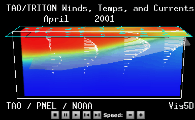 Animated gif of SST, winds, 20 deg C isosurface in the equatorial Pacific for 60 months.  ENSO extremes are noted