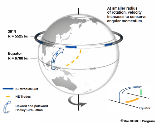 Schematic of air moving upward and poleward in the Hadley cell to form the Subtropical Jet; air moving poleward from the equator to a smaller radius of rotation speeds up to conserve angular momentum.