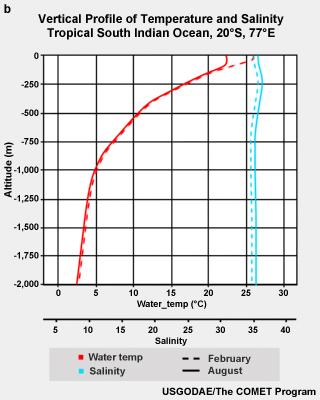 Schematic of dynamic and thermodynamic processes in the upper ocean. Monthly mean temperature (red line) and salinity (magenta line) profile during summer and winter in the tropical south Indian Ocean.