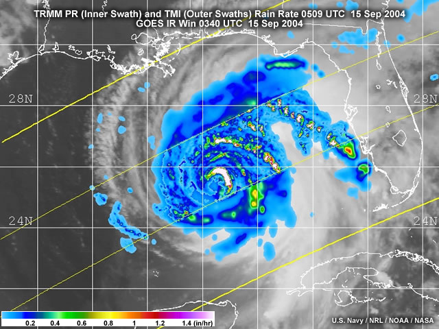 TRMM PR (inner swath) and TMI (outer swath) rain rate, 0509UTC 15 Sep 2004 and GOES IR 0340UTC 15 Sep 2004
