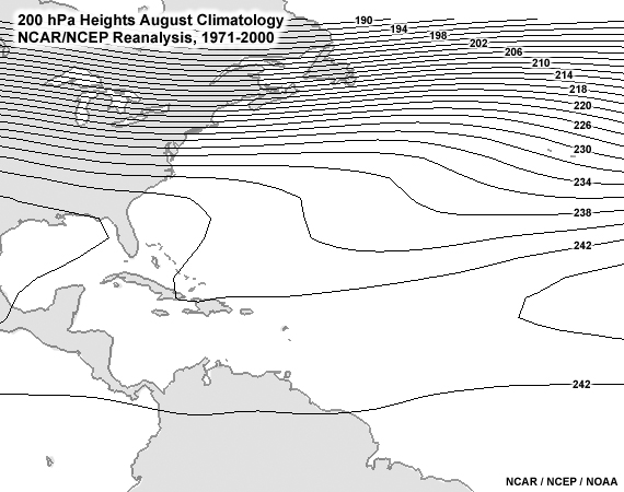 Mean 200 hPa heights for August 1971-2000 (from NCEP/NCAR Reanalysis). A blue, dashed line marks the TUTT.