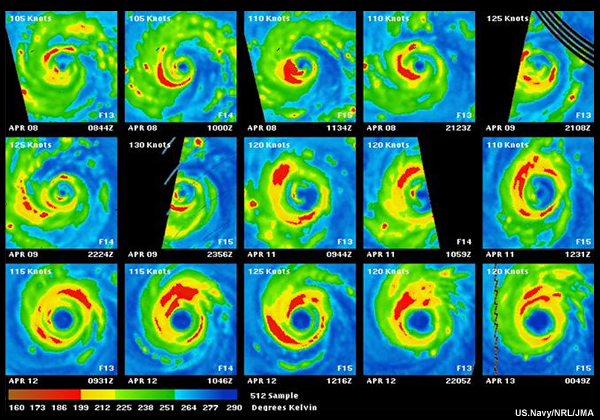 Eyewall replacement cycle in Typhoon Sudal in the West Pacific, seen in SSM/I 85 GHz H-Polarized image from 8-13 April 2004 (image courtesy of Dr. Jeff Hawkins, NRL Monterey).