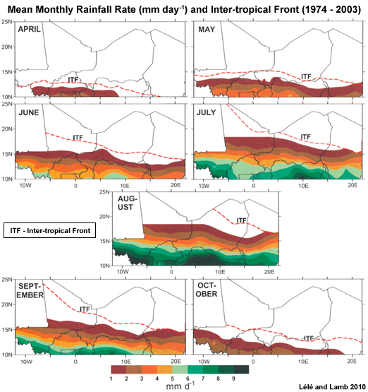 Long-term (1974?2003) average calendar monthly rainfall rate isohyets (mm day-1) in relation to the long-term average (1974?2003) monthly ITF position (red broken line) for April?October in the West African Sudan?Sahel zone.