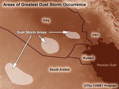 Areas of Highest Dust Storm Occurrence in Iraq and Saudi Arabia