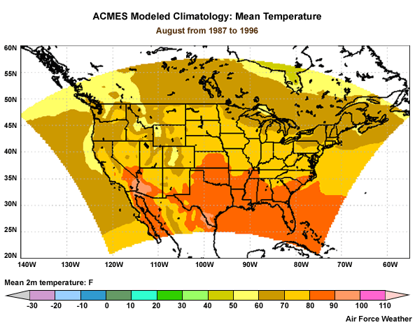 ACMES August Mean Temperature mapped for the U.S., from Air Force Weather