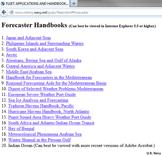 screen shot of Naval Research Laboratory Publications page with links to Forecaster Handbooks
