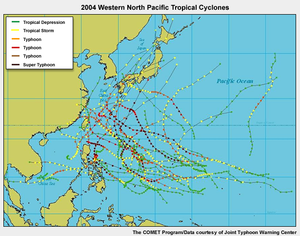Thirty tropical cyclones (including 16 typhoons and five supertyphoons) in the western North Pacific in 2004 ranked this as an active season, even for this very active region of the tropics. 