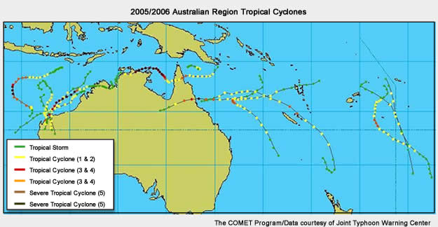 Tracks of all Australian region tropical cyclone tracks for the 2005/2006 tropical cyclone season