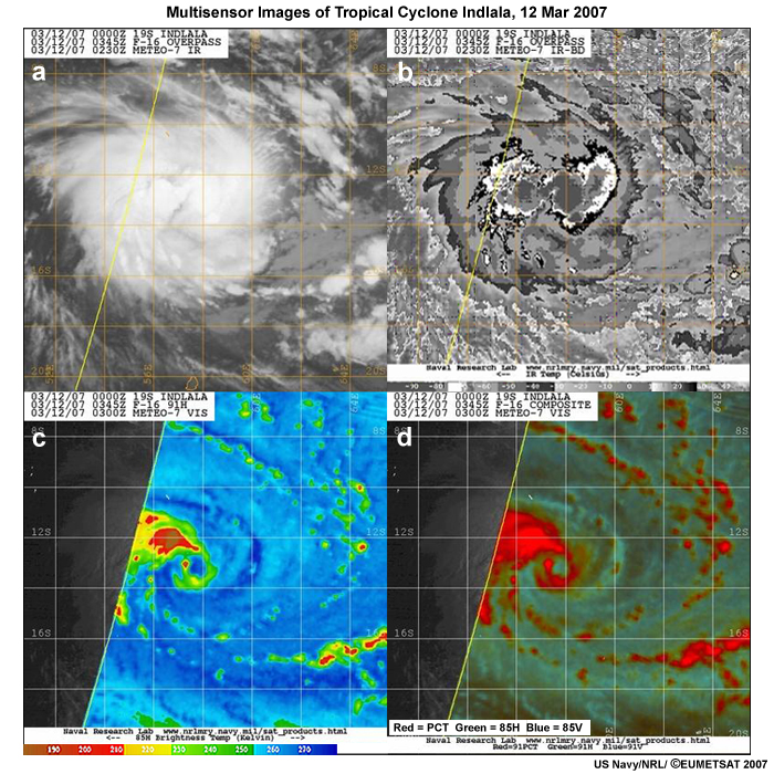 Tropical Cyclone Indlala (2007) observed by geostationary grayscale IR and enhanced IR-BD (upper left, right) and polar-orbiting microwave 85GHz sensor (lower).
