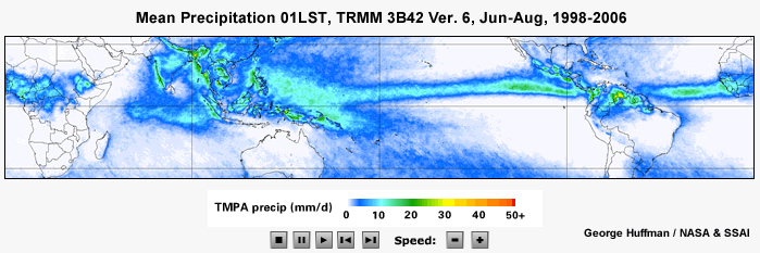 Mean TRMM precipitation (mm/day) for 00 LST June - August
