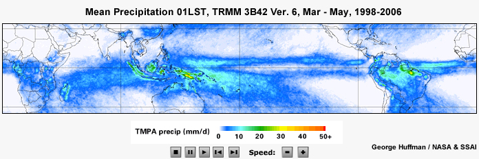 Mean TRMM precipitation (mm/day) for 00 LST Mar - May
