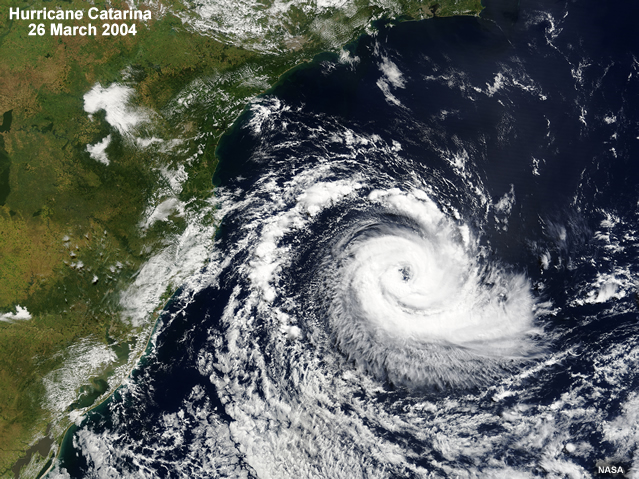Tropical Cyclone Catarina on 26 Mar 2004. At this time, Catarina was estimated to have surface winds of 35 m s-1 (70 knots; Category 1 on the Saffir-Simpson scale). 
