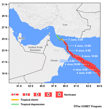 Track and windspeed of super cyclonic storm Gonu (2007)