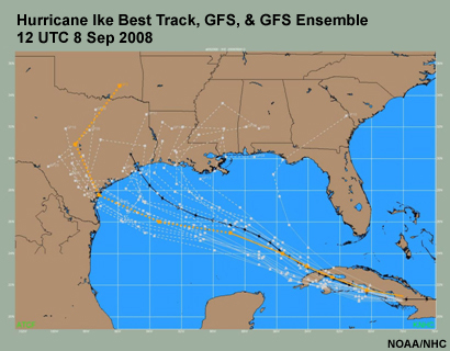 Operational GFS (orange) and GFS ensemble member (white) forecasts compared to the observed “best track” (black) of Hurricane Ike