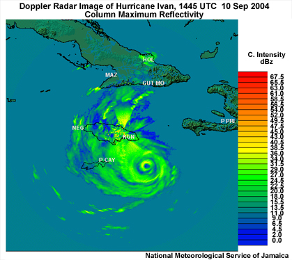 Radar reflectivity image from Kingston, Jamaica at 1444 UTC 10 Sep 2004. 