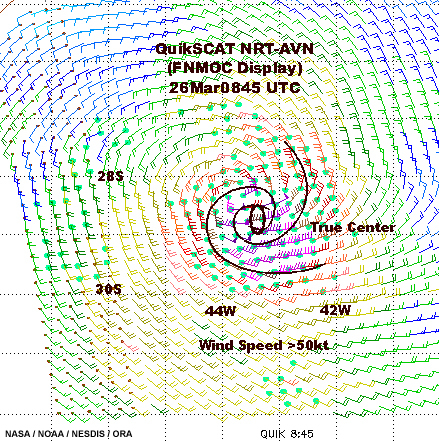 QuikSCAT scan of Tropical Cyclone Catarina at 0845 UTC 26 March 2004.