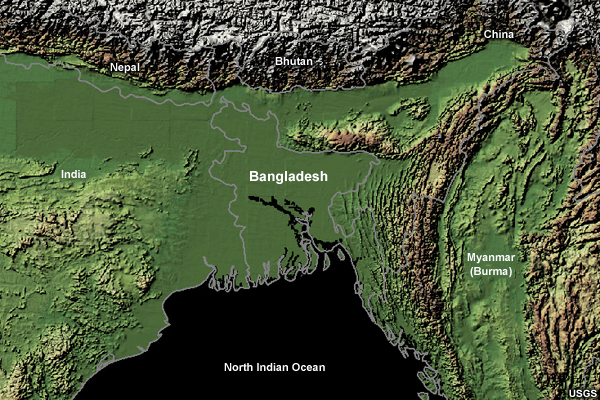 Physical geography of the North Indian Ocean showing the location of Bangladesh in a delta region surrounded by high terrain.
