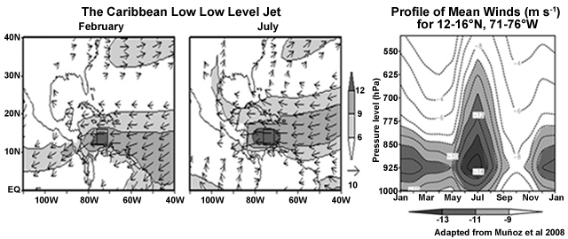 The Caribbean LLJ in February and July and the vertical profile of the zonal winds averaged for the column 71°–76°W and 12°–16°N (Adapted from Muñoz et al. 2008)