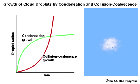 Graph showing growth by condensation growth and collision-coalescence growth plus Animation of collision-coalescence