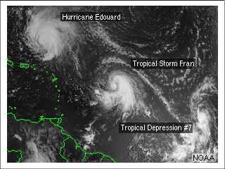 Satellite image of a tropical depression, tropical storm, and hurricane