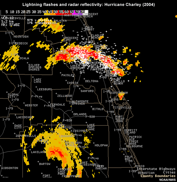 Lightning flashes and radar reflectivity of Hurricane Charley (2004). Maximum flashes are occurring in rainbands to the northeast of the eye, which is over central Florida. (Image courtesy of NOAA/NWS Melbourne, Florida).