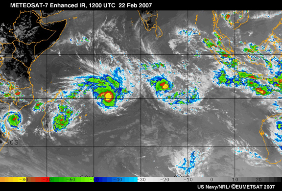 Enhanced IR image of tropical cyclones on 22 Feb 2007.