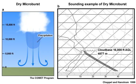 Schematic and sounding for a dry microburst 