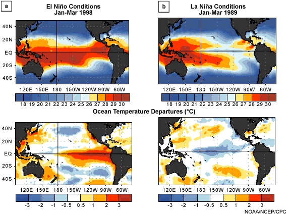 SST mean and anomalies for (a) a strong El Niño and (b) as strong La Niña