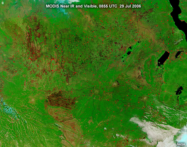 Burn scars and fire locations in Central Africa detected using MODIS shortwave near IR, and visible light