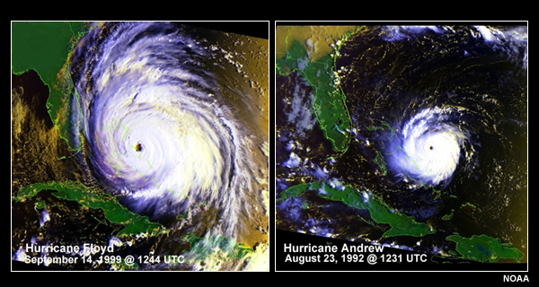 Satellite imagery of Hurricanes Floyd (1999) and Andrew (1992) as they approach Florida
