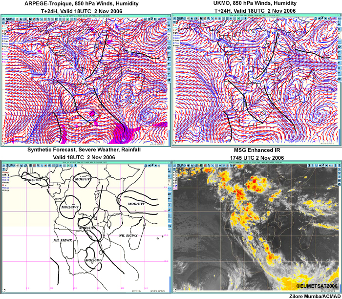 forecasts of 850 hPa winds and humidity; synthetic forecast (valid at 1800 UTC 2 Nov 2006) with convergence zones, moderate to heavy precipitation and significant weather 