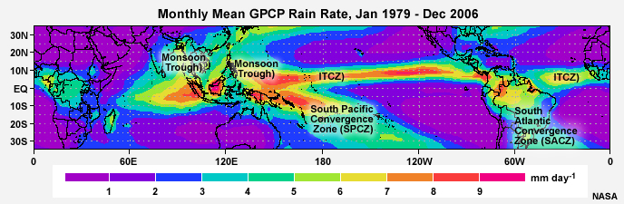Monthly mean precipitation and convergence zones associated with the maxima